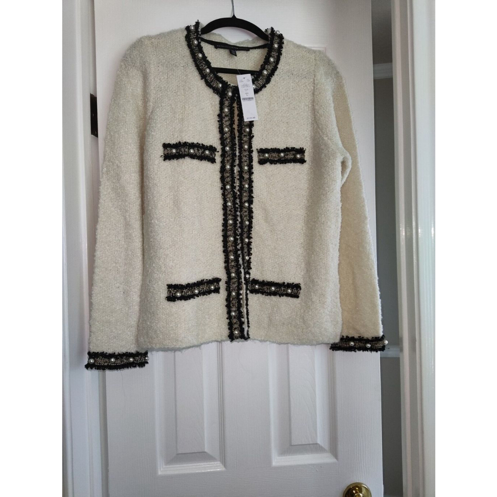 White House Black Market Cream Bouclé Tweed Jacket with Black Trim